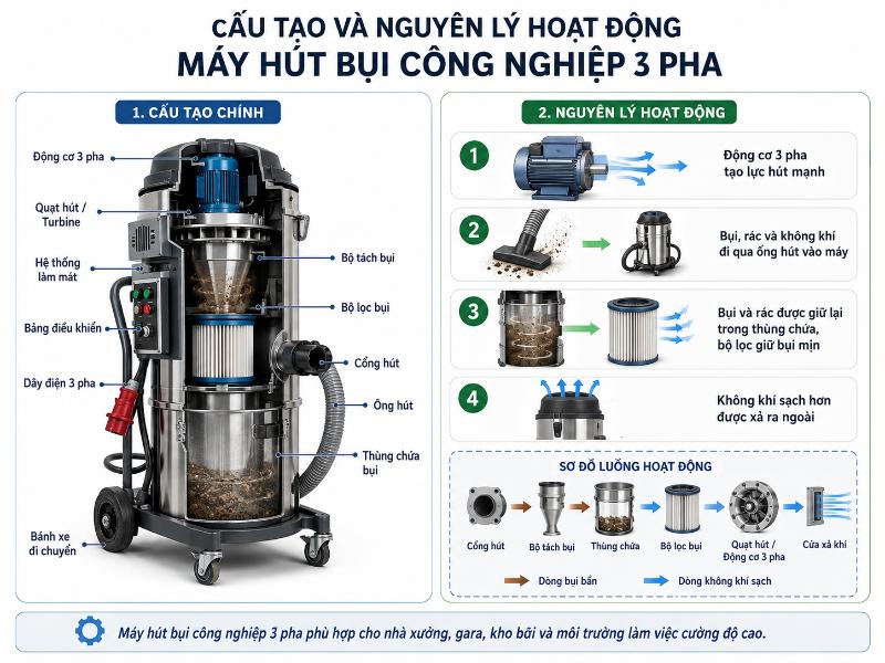 Cấu tạo và nguyên lý hoạt động của máy hút bụi công nghiệp 3 pha giúp thu gom bụi, rác và lọc sạch không khí