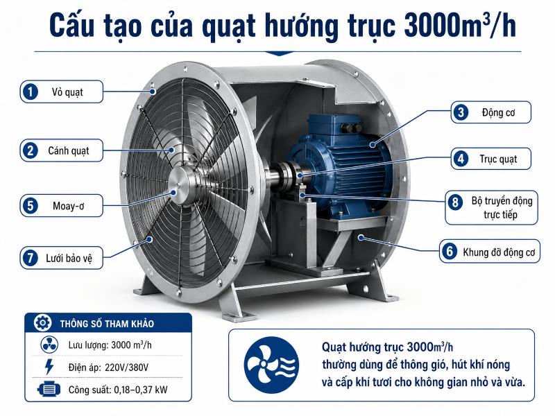 Cấu tạo quạt hướng trục 3000m3 h gồm vỏ quạt, cánh quạt, động cơ, trục và lưới bảo vệ