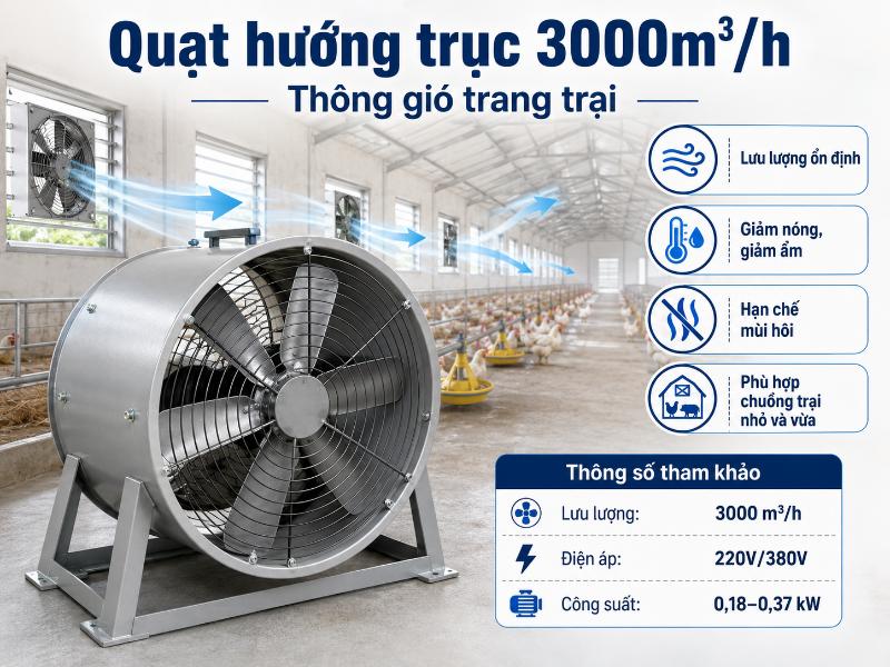 Quạt hướng trục 3000m3 h giúp thông gió, giảm nóng và hạn chế mùi hôi trong trang trại