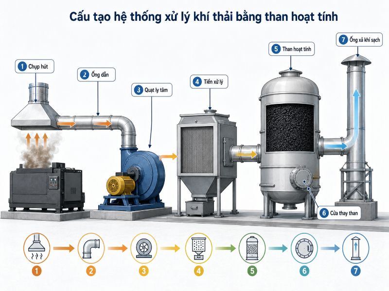 Lắp đặt hệ thống xử lý khí thải bằng than hoạt tính trọn gói 2 Cấu tạo chi tiết của hệ thống xử lý khí thải bằng than hoạt tính