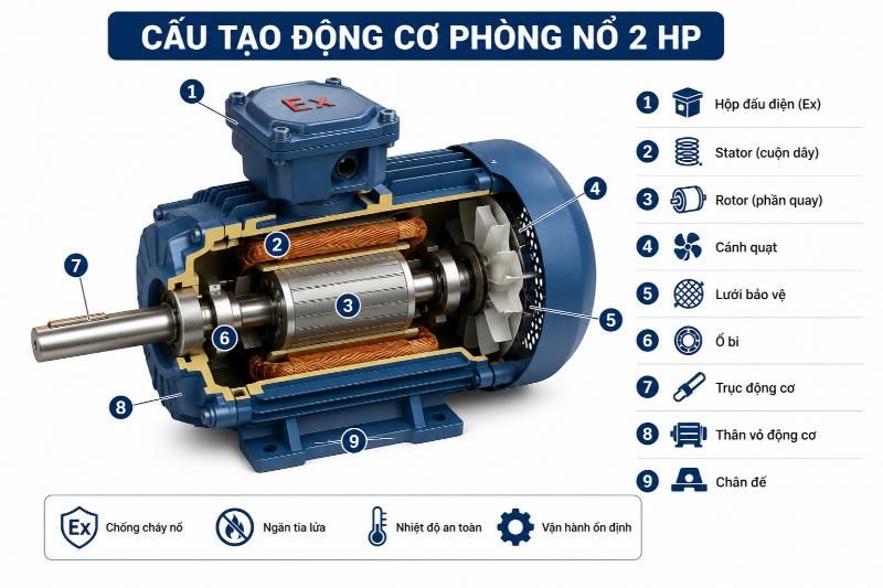 Cấu tạo chi tiết của động cơ phòng nổ 2 HP gồm hộp đấu điện Ex, stator, rotor và hệ thống làm mát an toàn 
