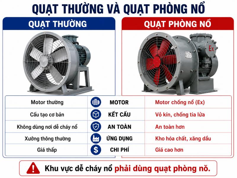 So sánh quạt phòng nổ với quạt thường để thấy rõ sự khác biệt về cấu tạo, độ an toàn và khả năng ứng dụng 