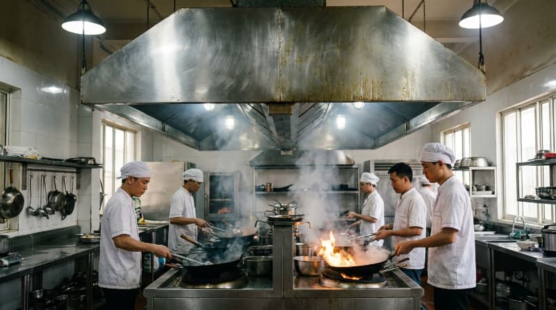 Quạt ly tâm hút khói bếp 3 Bếp công nghiệp hoạt động liên tục cần hệ thống hút khói công suất lớn để loại bỏ hoàn toàn hơi dầu mỡ.