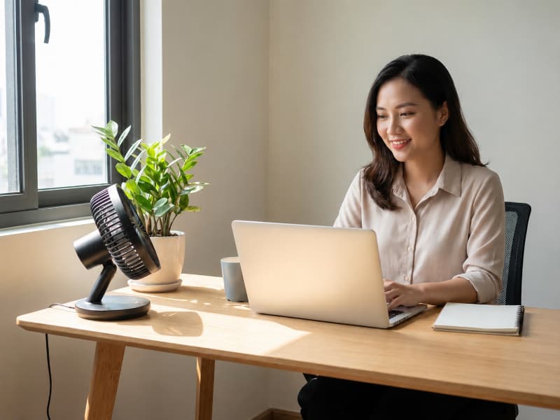 Bố trí quạt lệch góc làm việc giúp làm mát dễ chịu, không rung giấy tờ hay ảnh hưởng micro.