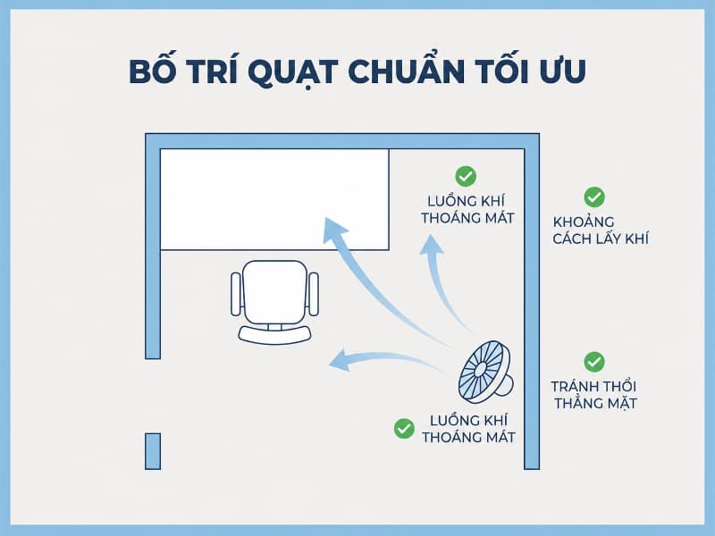 Bố trí quạt trên mặt phẳng cứng và chừa không gian hút gió phía sau giúp tăng làm mát, giảm ồn.