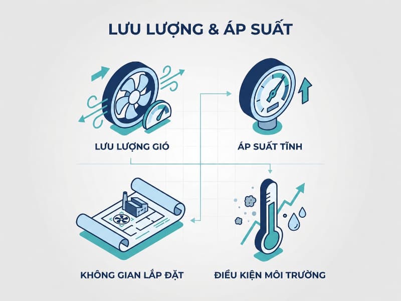 Cần đánh giá kỹ lưu lượng gió, áp suất và môi trường trước khi chọn loại quạt.