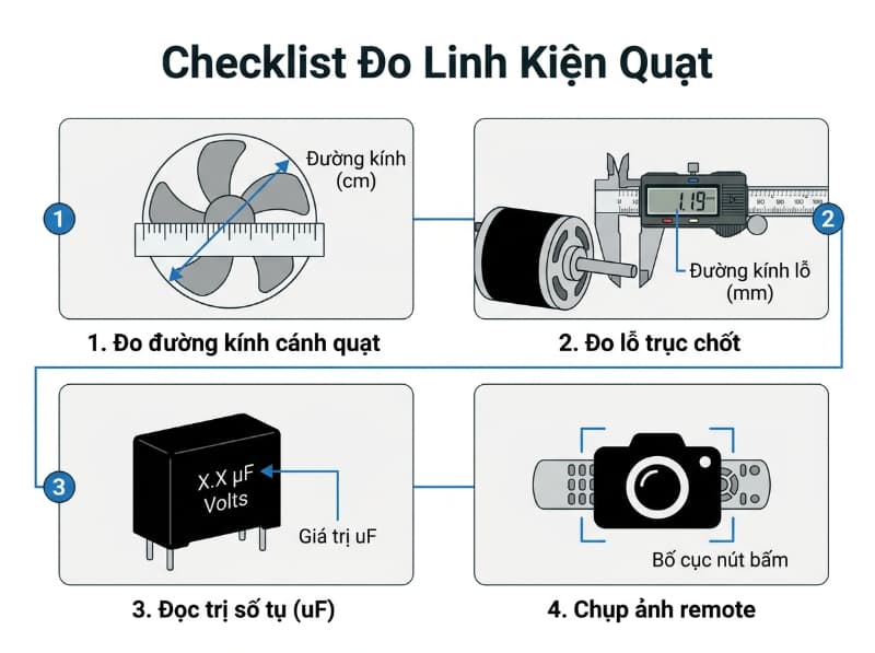 Đo chuẩn đường kính lỗ trục, chiều ren và thông số tụ giúp mua đúng phụ tùng quạt điện Hà Nội ngay lần đầu.