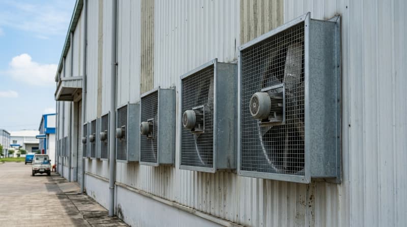 Hệ thống quạt hút công nghiệp đồng bộ giúp thông gió và làm mát toàn diện nhà xưởng tại Bình Dương.