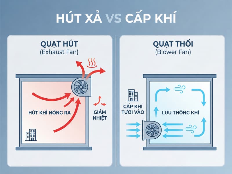 Kết hợp quạt thổi cấp khí và quạt hút xả nóng giúp lưu thông không khí toàn xưởng.