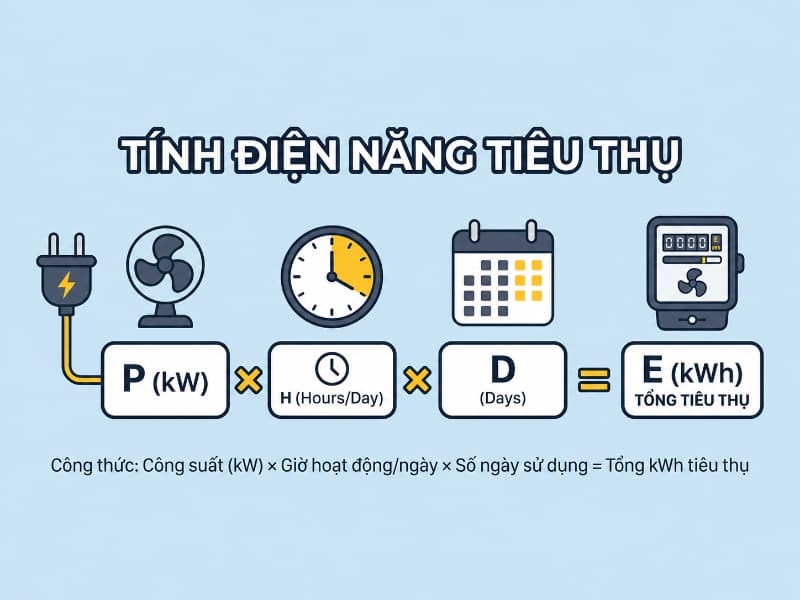Minh họa công thức tính điện năng tiêu thụ giúp dễ dàng ước tính tiền điện quạt mỗi tháng.