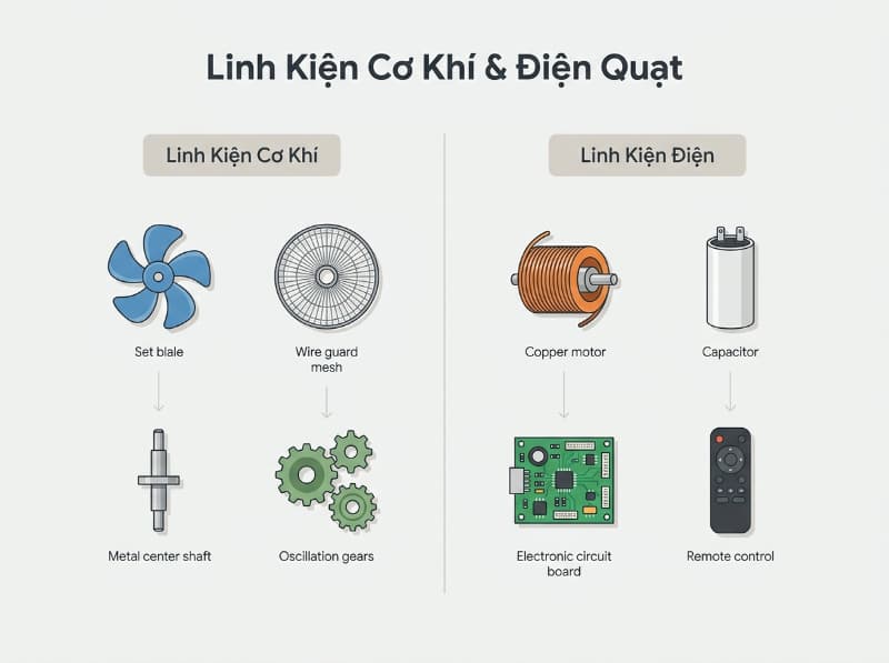 Phân biệt rõ linh kiện cơ khí và linh kiện điện giúp bạn dễ dàng mua đúng phụ tùng quạt điện Hà Nội.