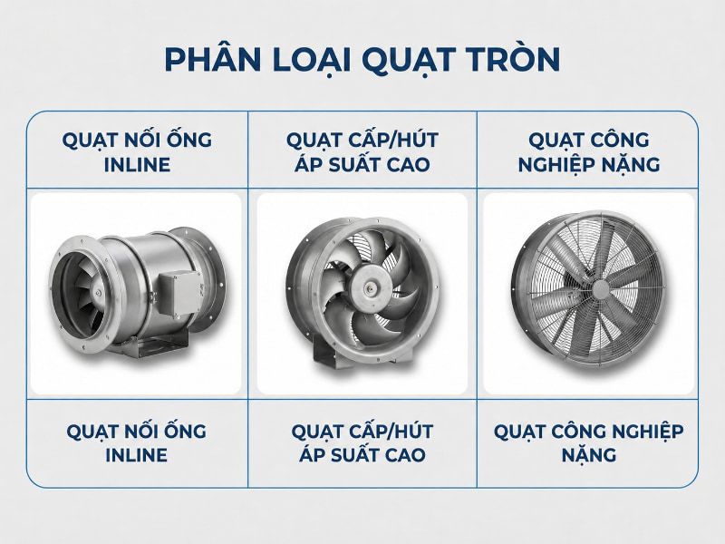 Cách chọn đúng cấu tạo, loại quạt thông gió tròn 2026 3 Phân loại các dòng quạt thông gió tròn phổ biến cho nhà ở và xưởng sản xuất.