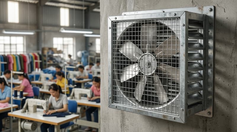 Quạt hút vuông giúp loại bỏ nhanh khí nóng và tạo đối lưu không khí hiệu quả cho phân xưởng.