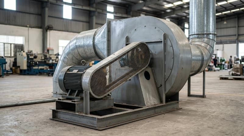 Quạt ly tâm gián tiếp vỏ thép chắc chắn với mô tơ ngoài, tối ưu hút bụi và thông gió công nghiệp nặng.