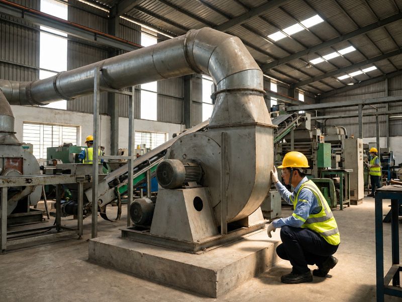 Cấu tạo quạt ly tâm gồm những gì? Chức năng từng bộ phận 6 Quạt ly tâm lắp đặt thực tế trong hệ thống thông gió nhà xưởng.