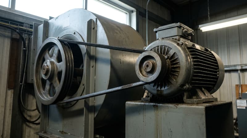 Quạt ly tâm hút khói bếp 4 Quạt ly tâm truyền động gián tiếp tách motor khỏi luồng khói dầu, giúp tăng độ bền và dễ bảo trì.