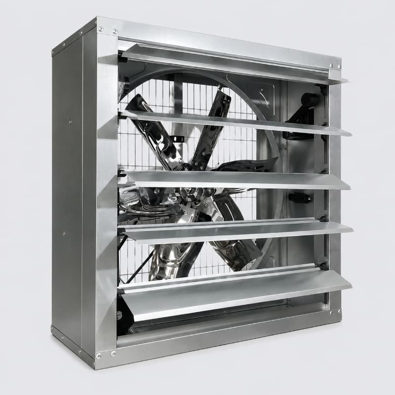 Quạt thông gió vuông cánh inox sử dụng cửa chớp tự động, phù hợp lắp trên tường nhà xưởng.