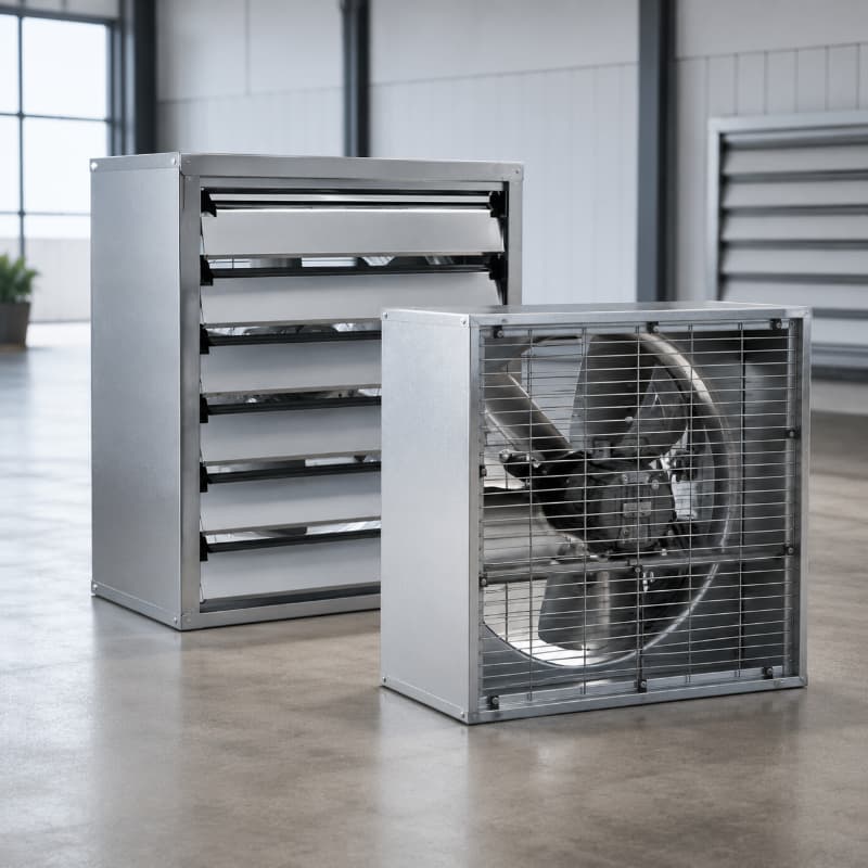 Quạt hút công nghiệp 300x300 5 Quạt thông gió vuông sử dụng khung kim loại, lưới bảo vệ và cửa chớp hạn chế gió thổi ngược.
