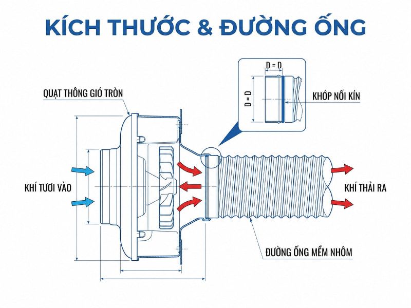 Cách chọn đúng cấu tạo, loại quạt thông gió tròn 2026 6 Quy cách kết nối quạt thông gió tròn đồng bộ kích thước với đường ống dẫn khí.