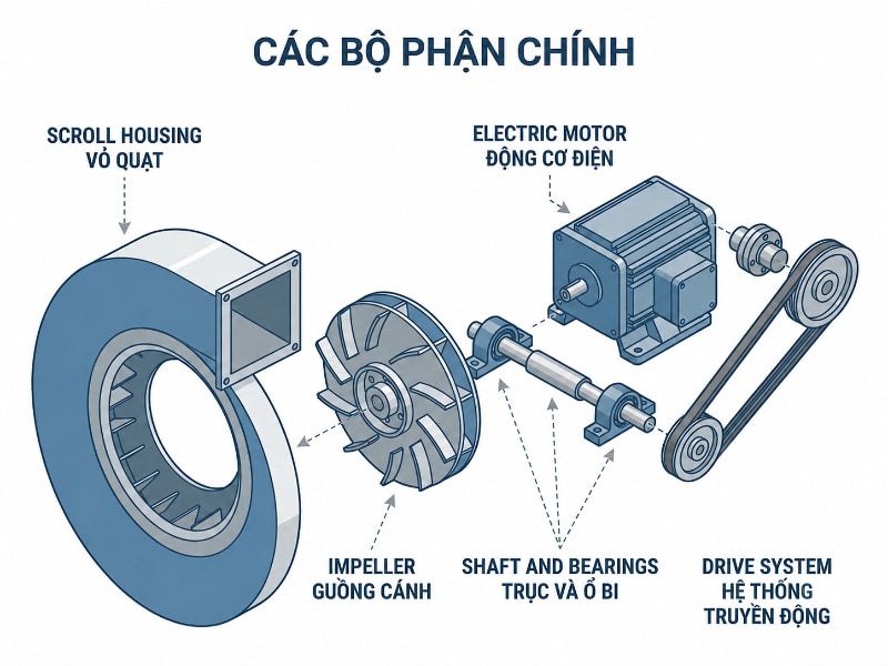 Cấu tạo quạt ly tâm gồm những gì? Chức năng từng bộ phận 2 Sơ đồ bóc tách cấu tạo quạt ly tâm hỗ trợ nhận diện bộ phận khi bảo dưỡng.