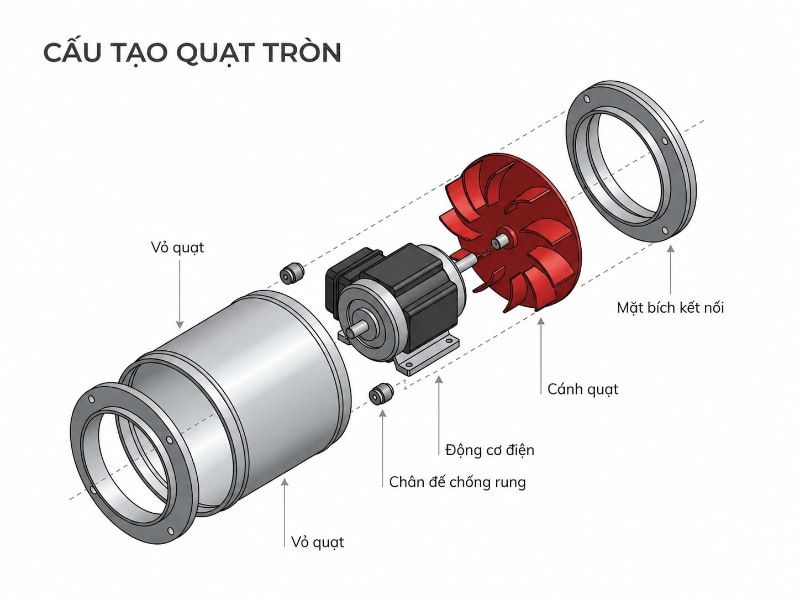Cách chọn đúng cấu tạo, loại quạt thông gió tròn 2026 2 Sơ đồ bóc tách cấu tạo quạt thông gió tròn gồm vỏ quạt, động cơ và cánh quạt hút.