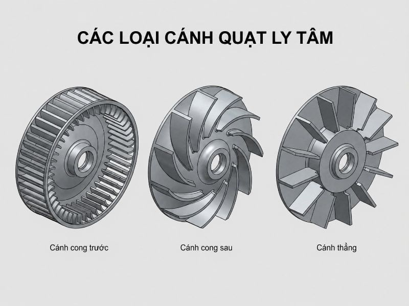 Cấu tạo quạt ly tâm gồm những gì? Chức năng từng bộ phận 3 So sánh 3 loại cánh trong cấu tạo quạt ly tâm quyết định hiệu suất vận hành.