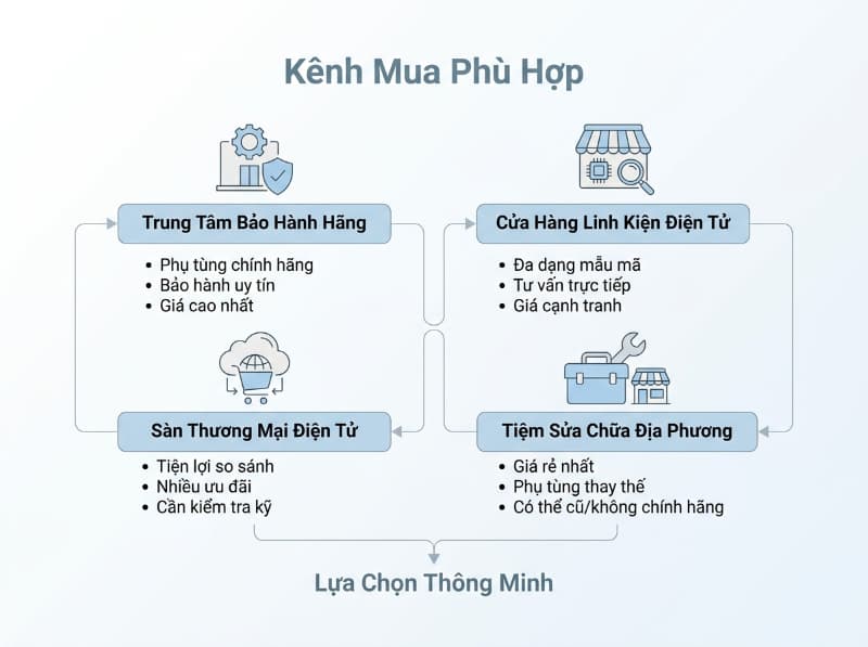 So sánh các kênh bán giúp bạn chọn địa điểm mua linh kiện quạt điện phù hợp nhu cầu.