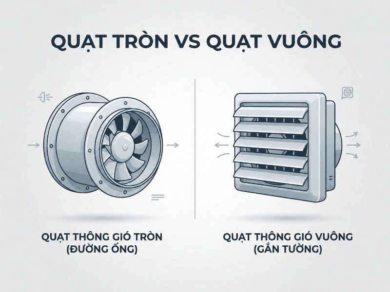 Cách chọn đúng cấu tạo, loại quạt thông gió tròn 2026 7 So sánh quạt thông gió tròn nối ống gió và quạt thông gió vuông gắn tường.
