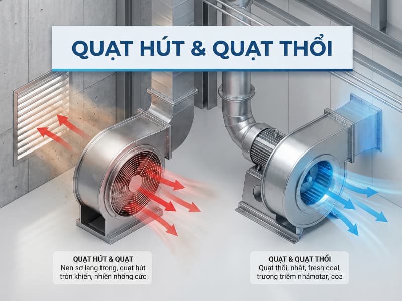 Sự khác biệt về hướng luồng khí giữa quạt hút và quạt thổi trong nhà xưởng công nghiệp.