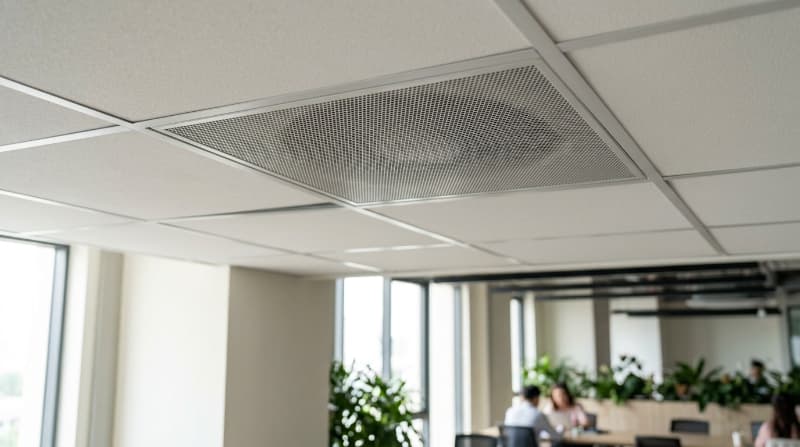 Thiết kế vuông khổ lớn giúp thiết bị khớp hoàn toàn với lưới xương nổi của hệ trần thạch cao thả văn phòng tiêu chuẩn.