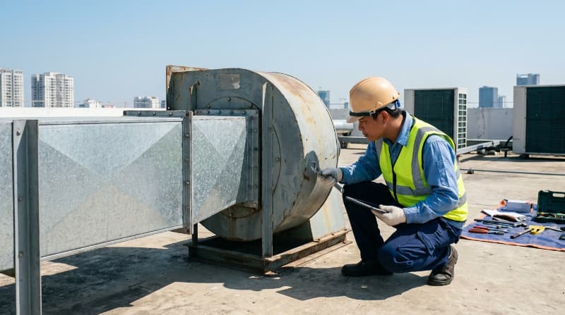 Quạt ly tâm hút khói bếp 5 Tính toán chuẩn lưu lượng và cột áp theo chiều dài ống gió quyết định hiệu quả hút khói thực tế.