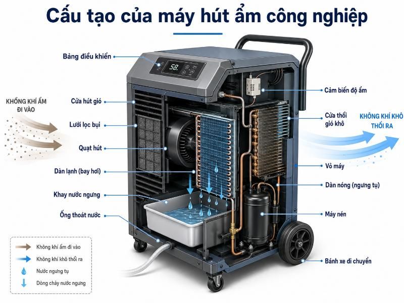 Máy hút ẩm công nghiệp chính hãng, công suất lớn 2 Cấu tạo máy hút ẩm công nghiệp gồm quạt hút, dàn lạnh, dàn nóng, máy nén, cảm biến và khay nước ngưng