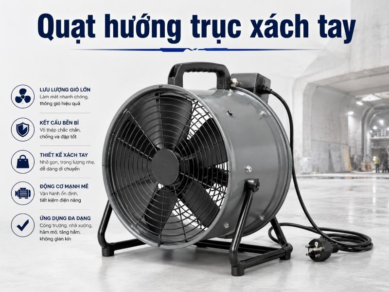 Quạt hướng trục 3000m3 h dạng xách tay nhỏ gọn, thuận tiện di chuyển giữa các khu vực