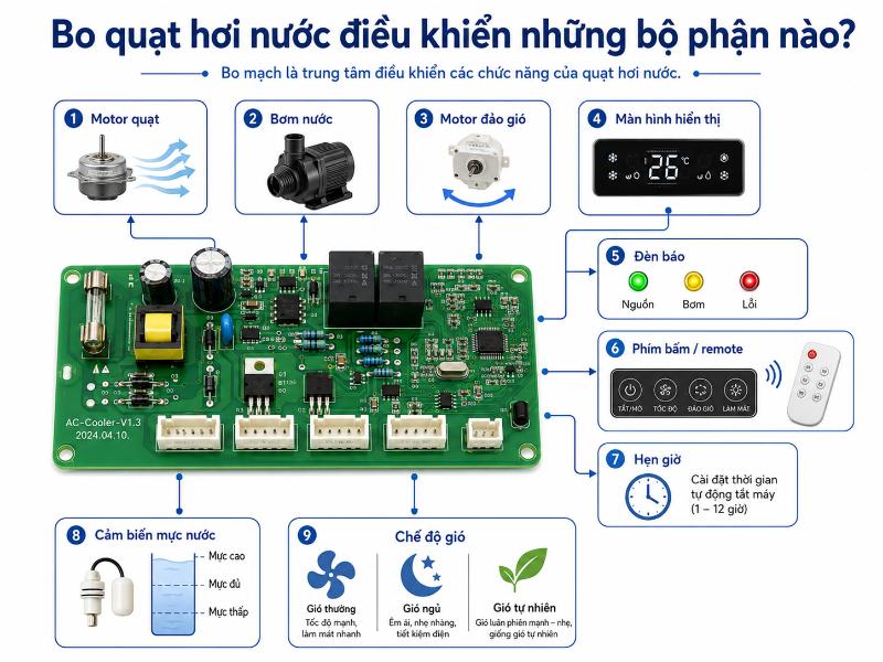 Tùy thuộc vào cấu tạo của từng model, bo mạch sẽ điều khiển các bộ phận cốt lõi như motor tạo gió, bơm tuần hoàn nước, motor đảo gió và màn hình hiển thị.