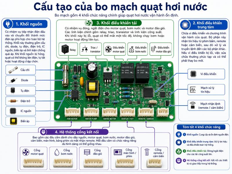 Sơ đồ cấu tạo cơ bản của một bo quạt hơi nước thường bao gồm khối nguồn, khối điều khiển trung tâm, khối điều khiển tải và hệ thống các cổng kết nối.