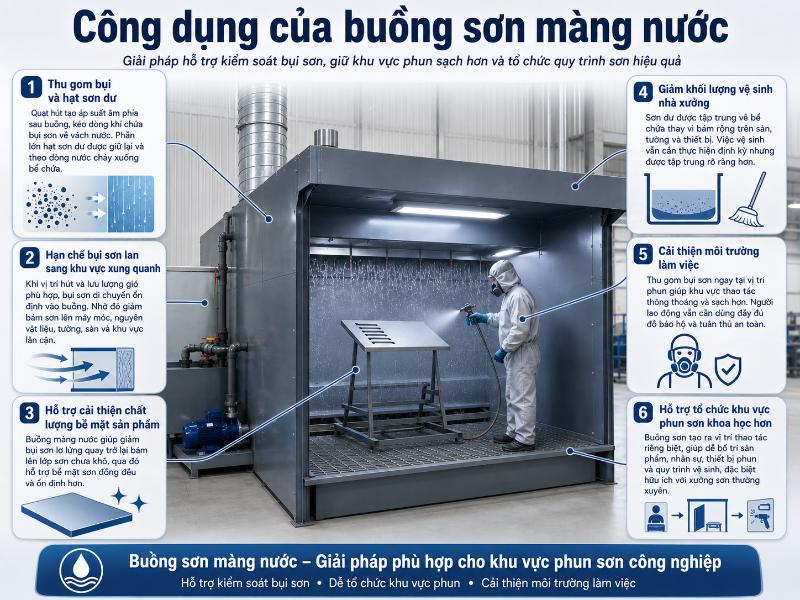 Buồng Sơn Màng Nước: Cấu Tạo, Báo Giá Và Cách Chọn 2026 2 Buồng sơn màng nước giúp thu gom bụi sơn hiệu quả tại nguồn, cải thiện không gian làm việc và nâng cao chất lượng sản phẩm.