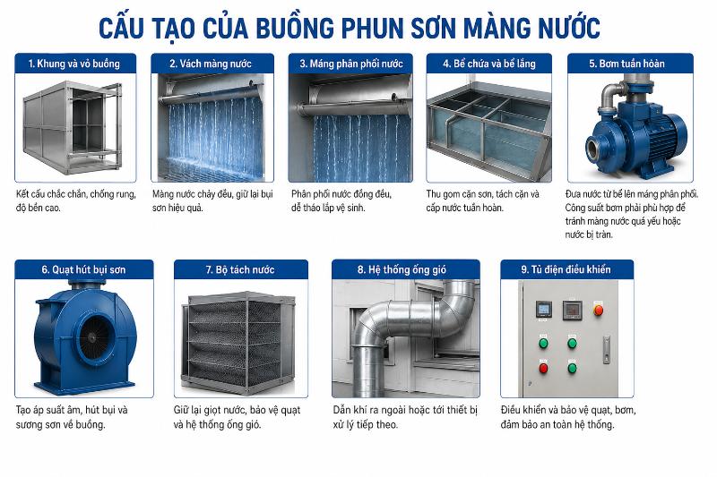 Buồng Sơn Màng Nước: Cấu Tạo, Báo Giá Và Cách Chọn 2026 3 Cấu tạo cơ bản của buồng sơn màng nước bao gồm vách nước, quạt hút, bơm tuần hoàn và hệ thống bể chứa.