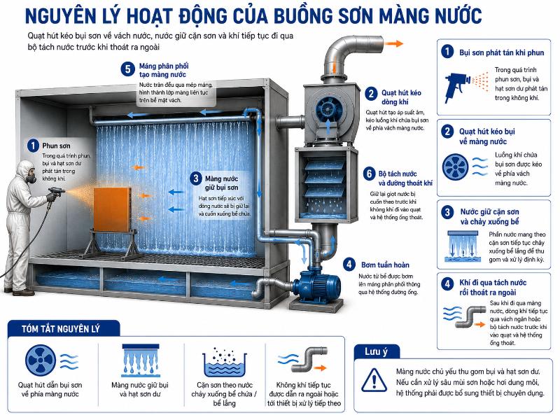 Buồng Sơn Màng Nước: Cấu Tạo, Báo Giá Và Cách Chọn 2026 4 Dòng khí chứa sương sơn được quạt hút kéo về phía vách và bị giữ lại bởi màng nước tuần hoàn.