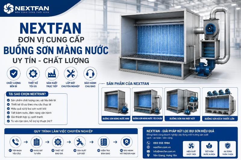Buồng Sơn Màng Nước: Cấu Tạo, Báo Giá Và Cách Chọn 2026 7 Nextfan chuyên tư vấn, thiết kế và lắp đặt buồng sơn màng nước uy tín, tối ưu hóa theo nhu cầu của từng doanh nghiệp.