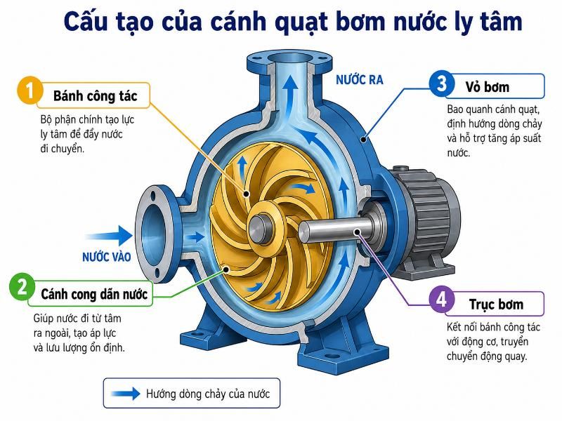Cánh quạt bơm nước ly tâm - Cấu tạo, nguyên lý, phân loại 2 Cấu tạo của cánh quạt bơm nước ly tâm