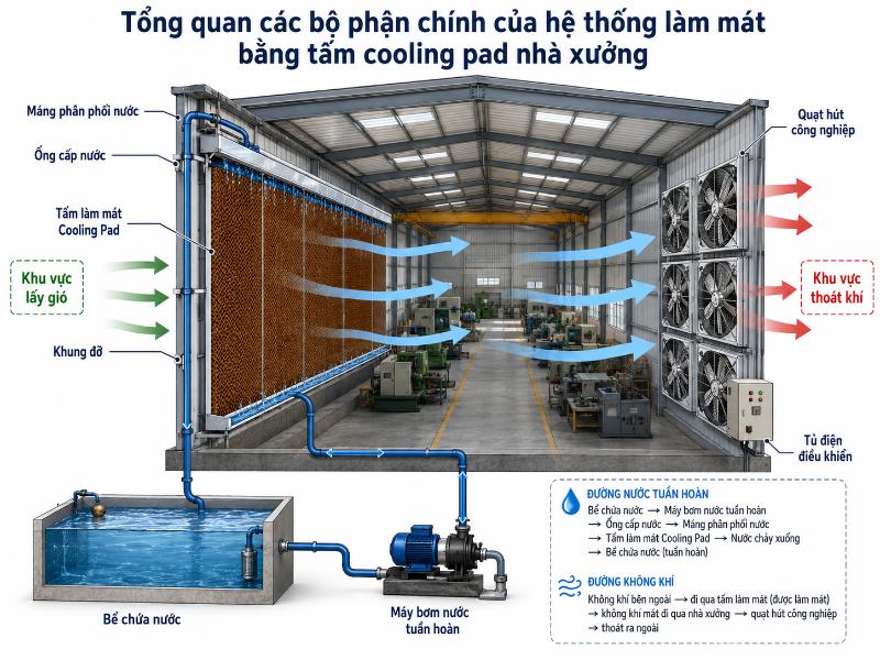 Hệ thống làm mát cooling pad 2 Tổng quan các bộ phận chính cấu thành nên hệ thống làm mát bằng tấm cooling pad nhà xưởng