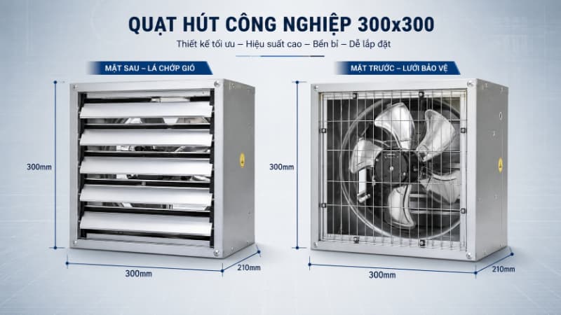 Quạt hút công nghiệp 300x300 3 ích thước mặt quạt 300x300 mm không đồng nhất với chiều sâu thân và kích thước lỗ chờ.K