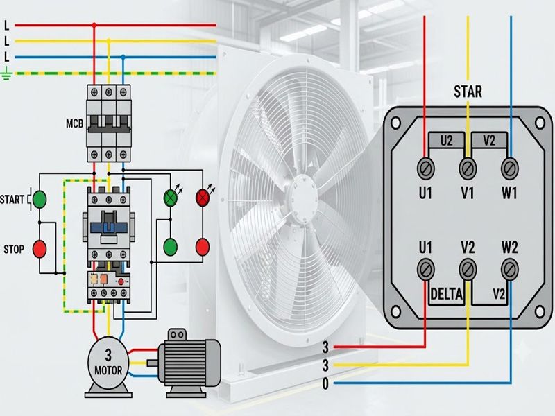 Hướng dẫn lắp đặt quạt hướng trục trên kệ bê tông chi tiết 3 Sơ đồ đấu dây động cơ quạt hướng trục 3 pha
