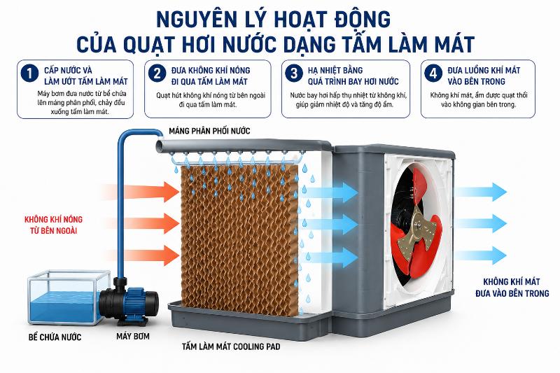 Tấm làm mát quạt hơi nước 6 Nguyên lý hoạt động của tấm làm mát quạt hơi nước