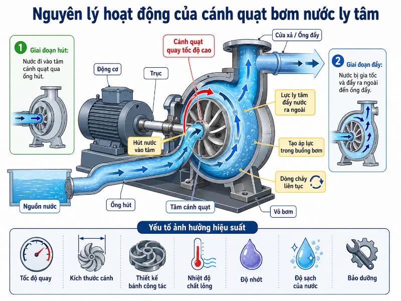 Cánh quạt bơm nước ly tâm - Cấu tạo, nguyên lý, phân loại 3 Nguyên lý hoạt động của cánh quạt bơm nước ly tâm