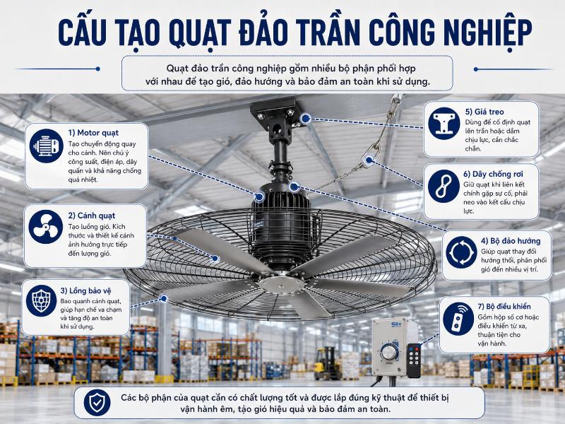 Cấu tạo cơ bản của thiết bị bao gồm motor, cánh quạt, lồng bảo vệ, bộ đảo hướng và các bộ phận giá treo chắc chắn nhằm đảm bảo an toàn.