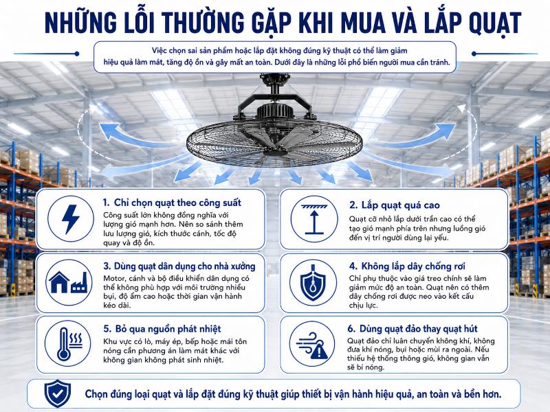 Việc treo quạt quá cao, bỏ qua dây an toàn chống rơi hay dùng quạt dân dụng cho môi trường công nghiệp là những lỗi phổ biến cần tránh để đảm bảo hiệu quả và độ an toàn.