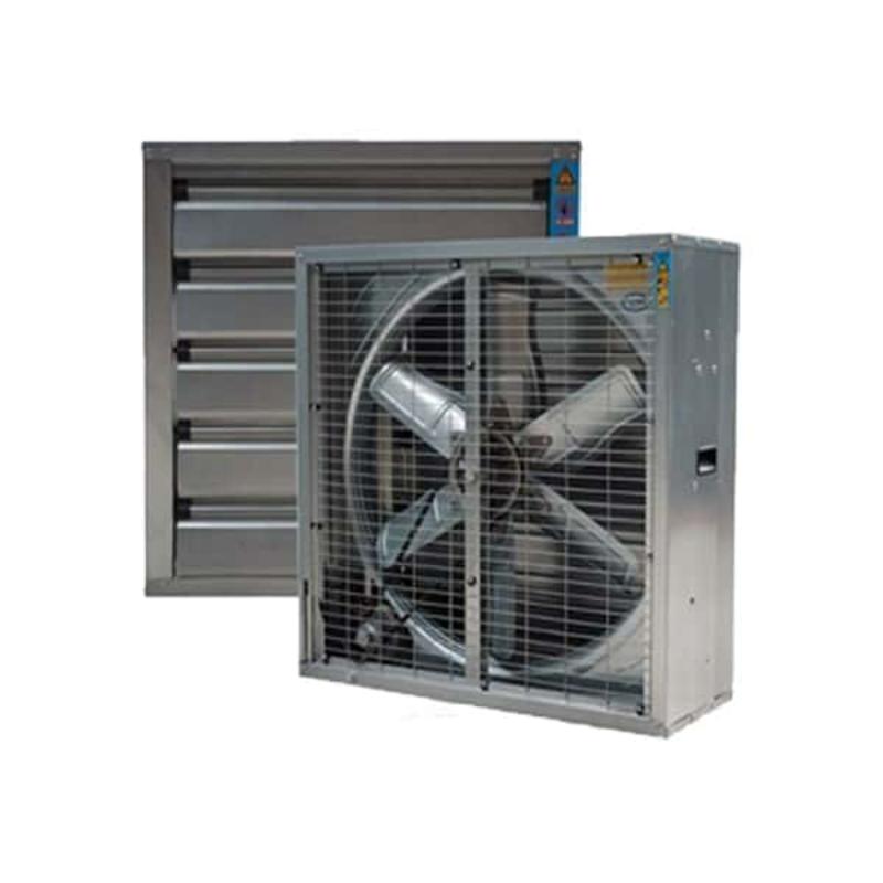 Quạt hút công nghiệp 1 pha dạng vuông với cánh kim loại và cửa chớp tự động