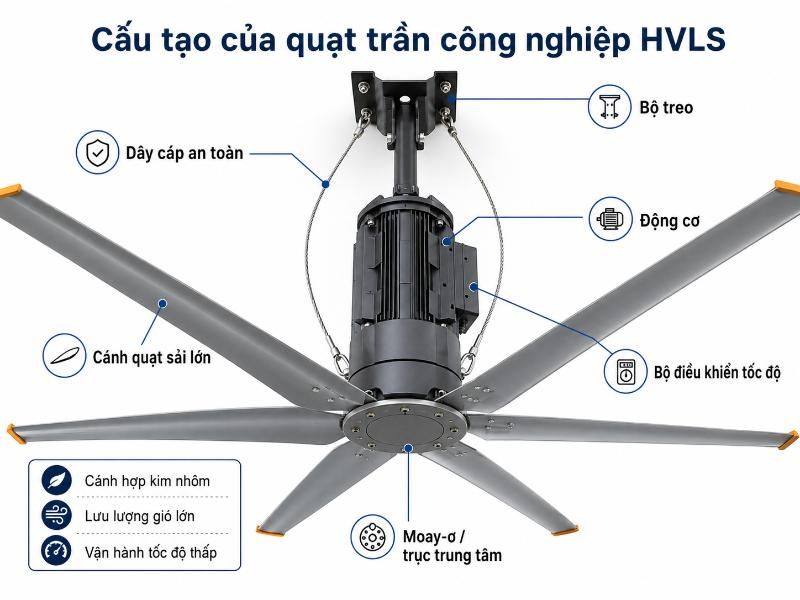 Quạt trần công nghiệp HVLS 3 Cấu tạo chi tiết của một hệ thống quạt trần công nghiệp HVLS.