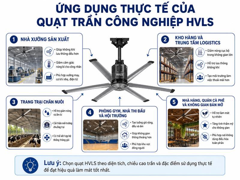 Quạt trần công nghiệp HVLS 7 Ứng dụng thực tế của quạt HVLS trong việc làm mát nhà xưởng và kho hàng lớn.